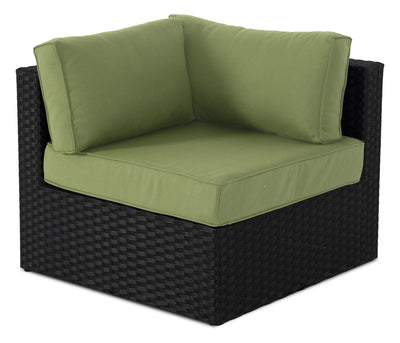 Barbados Corner Outdoor Patio Chair - Hand-Woven Resin Wicker, UV & Weather Resistant - Black/Green | Fauteuil en coin Barbados pour la terrasse à l’extérieur - osier en résine tressé à la main, résistant aux rayons UV et aux intempéries - noir et vert