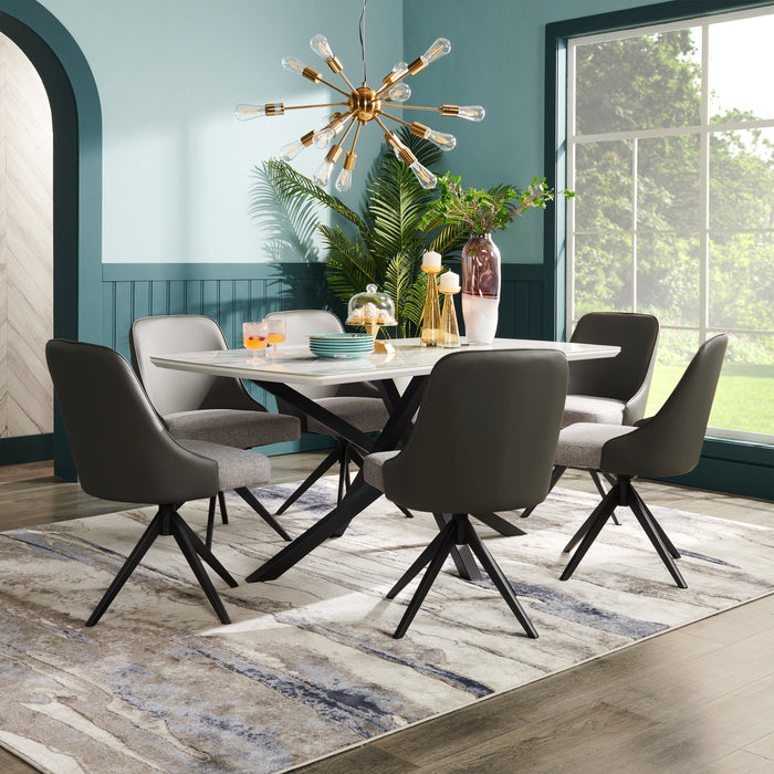 Chaise de salle à manger Bari en tissu de cuir végétalien, en tissu d’apparence lin et en métal avec siège pivotant - grise