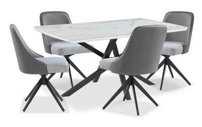 Bari 5pc Dining Set with Table & 4 Grey Swivel Chairs, Marble-Look Ceramic Top, Metal, 63"W | Ensemble de salle à manger Bari 5 pièces en métal avec table de 63 po (L) avec dessus en céramique d’apparence marbre et 4 chaises pivotantes grises