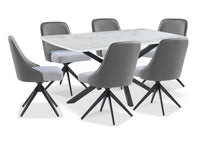 Ensemble de salle à manger Bari 7 pièces en métal avec table de 63 po (L) avec dessus en céramique d’apparence marbre et 6 chaises pivotantes grises