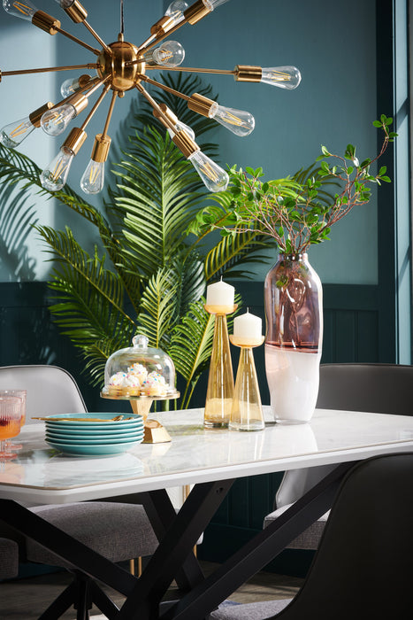 Table de salle à manger Bari de 63 po (L) avec dessus en céramique d’apparence marbre et base géométrique en métal - blanche