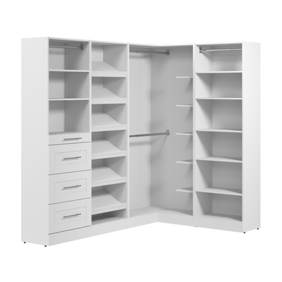 Bestar Florence 85" Modular L-Shaped Walk-In Closet System with Rods, Shoe Shelves and Storage - White|Système de pièce-penderie en forme de L modulaire Florence de Bestar de 85 po avec tringles, tablettes pour chaussures et rangement - blanc