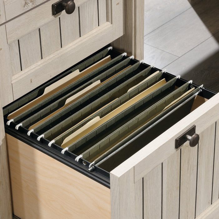 Bureau en forme de L Costa de 65,12 po de qualité commerciale à 3 tiroirs avec armoire - marron blanchi