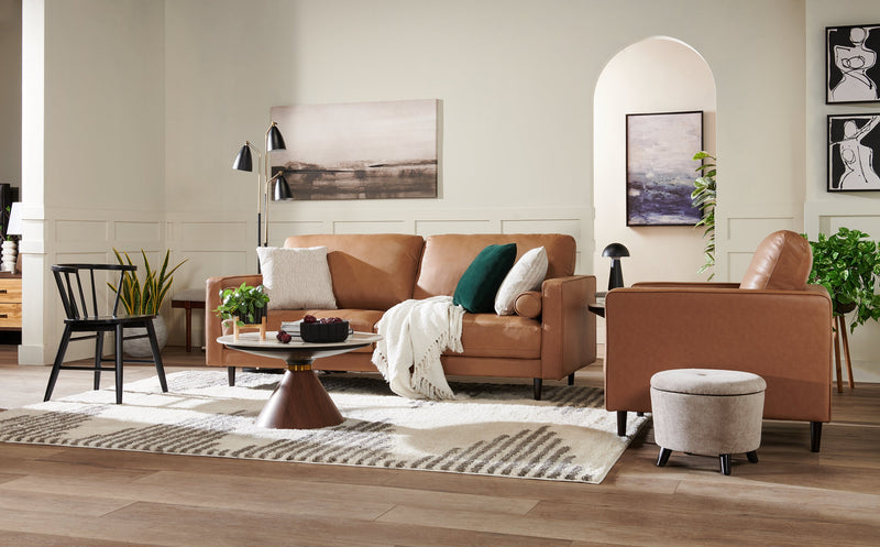 Sofa Edge de 86 po en cuir véritable avec pattes en bois et coussins de dossier amovibles - brun