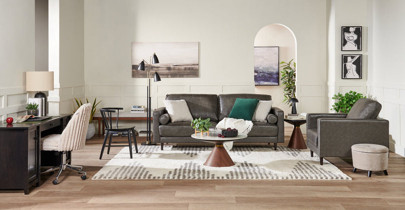 Sofa Edge de 86 po en cuir véritable avec pattes en bois et coussins de dossier amovibles - gris