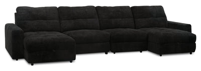 Scott Living Elevate Modular 4-Piece Chenille Fabric Power Sliding Sectional with Two Storage Chaises - Ebony | Sofa sectionnel modulaire à coulissement électrique Elevate de Scott Living 4 pièces en chenille avec 2 fauteuils longs de rangement - Ebony