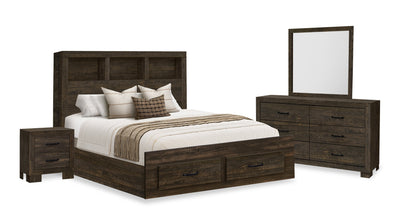 Ethan Storage 6pc Bedroom Set with Bookcase Headboard, Dresser, Mirror, Nightstand, Rustic Brown - Queen Size|Ensemble de chambre à coucher Ethan 6 pièces brun rustique avec rangement, tête de lit bibliothèque, commode, miroir et table de nuit - grand lit