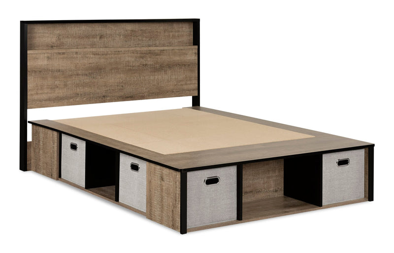 Ensemble lit plateforme Everley 5 pièces avec tête de lit à panneau, commode verticale et table de nuit, deux couleurs - format lit double