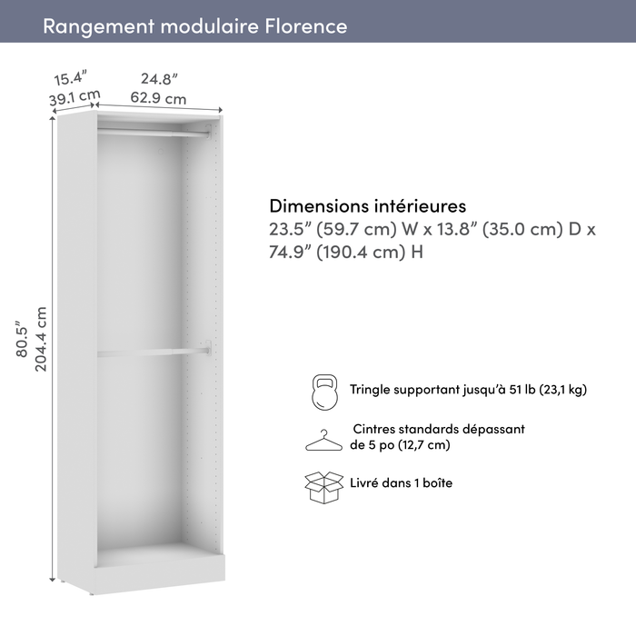 Système de garde-robe modulaire à 2 espaces pour suspendre Florence de Bestar de 25 po - blanc