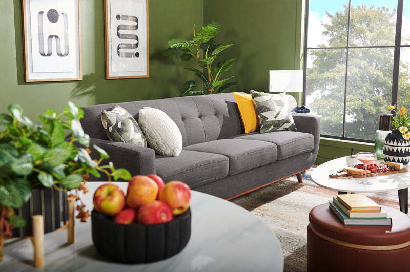 Sofa Freeman Kort & Co. de 88 po en tissu d’apparence lin avec pattes en bois et coussins de dossier capitonnés - gris anthracite