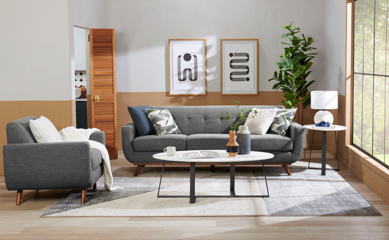 Sofa Freeman Kort & Co. de 88 po en tissu d’apparence lin avec pattes en bois et coussins de dossier capitonnés - gris anthracite