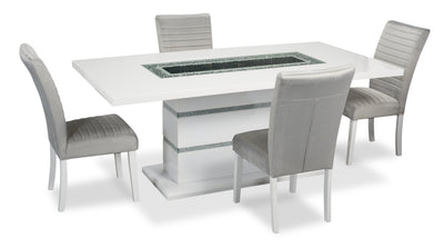 Garbo 5pc Dining Set with Table & 4 Chairs, Glass Insert, Pedestal Base, Glam, 78.75"W - White | Ensemble de salle à manger somptueux Garbo 5 pièces avec table de 78,75 po (L), incrustation de verre, base piédestal et 4 chaises - blanc