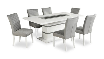 Garbo 7pc Dining Set with Table & 6 Chairs, Glass Insert, Pedestal Base, Glam, 78.75"W - White | Ensemble de salle à manger somptueux Garbo 7 pièces avec table de 78,75 po (L), incrustation de verre, base piédestal et 4 chaises - blanc