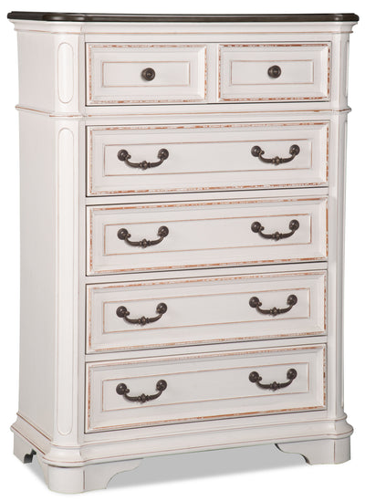 Grace Bedroom Chest of Drawers with Lift-Top Storage Tray, 5-Drawer, 38"W x 52"H - Antique White | Commode verticale Grace de 38 po (L) x 52 po (H) à 5 tiroirs avec plateau de rangement à dessus relevable pour la chambre à coucher - blanc antique