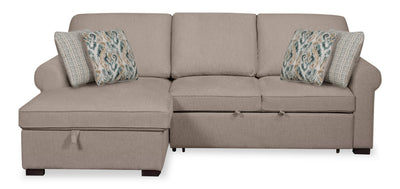 Scott Living Haven 2-Piece Left-Facing Chenille Fabric Sleeper Sectional with Storage Chaise - Taupe | Sofa-lit sectionnel de gauche Haven de Scott Living 2 pièces en tissu de chenille avec fauteuil long de rangement - taupe