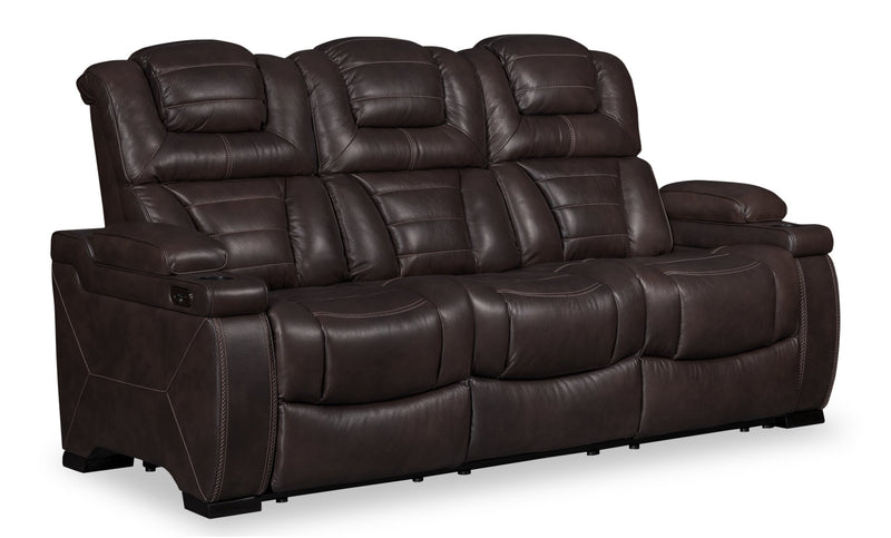 Sofa à inclinaison électrique Hugo de 84 po en cuir véritable avec appuie-têtes électriques, 2 porte-gobelets et ports USB - brun