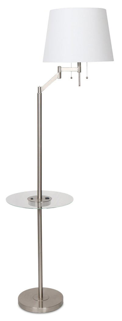 Kort & Co. Joss 61" Brushed Steel Floor Lamp with USB Charging and Built-In Side Table|Lampe à pied Joss de Kort & Co. de 61 po acier brossé avec recharge USB et table d’appoint intégrée