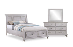 Ensemble de chambre à coucher Kylie 5 pièces sable avec lit de rangement, commode et miroir - format grand lit