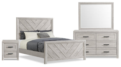 Lark 6pc Bedroom Set with Panel Bed, Dresser, Mirror & Nightstand, Rustic White - Full Size | Ensemble de chambre à coucher Lark 6 pièces blanc rustique avec lit à panneaux, commode, miroir et table de nuit - format lit double