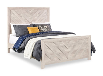 Lark Panel Bed with Headboard & Frame, Chevron Pattern, Rustic White - Queen Size | Lit à panneaux Lark blanc rustique avec tête de lit, cadre et motif de chevrons - format grand lit