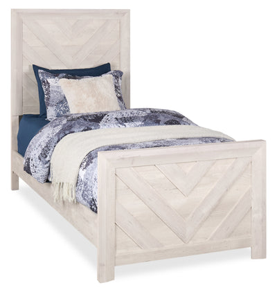Lark Panel Bed with Headboard & Frame for Kids, Chevron Pattern, Rustic White - Twin Size | Lit à panneaux Lark blanc rustique pour enfants avec tête de lit, cadre et motif de chevrons - format lit simple