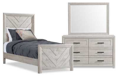 Lark 5pc Bedroom Set with Panel Bed, Dresser & Mirror, Rustic White - Twin Size | Ensemble de chambre à coucher Lark 5 pièces blanc rustique avec lit à panneaux, commode et miroir - format lit simple