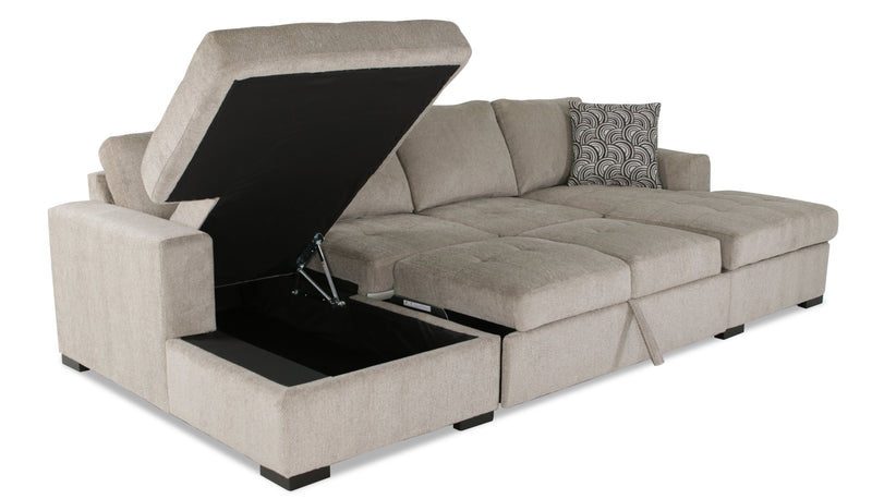 Sofa-lit sectionnel Legend 3 pièces fabriqué au Canada en tissu de chenille avec 2 fauteuils longs de rangement - beige platine