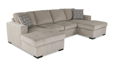 Made in Canada Legend 3-Piece Chenille Fabric Sleeper Sectional with Two Storage Chaises - Platinum Beige | Sofa-lit sectionnel Legend 3 pièces fabriqué au Canada en tissu de chenille avec 2 fauteuils longs de rangement - beige platine