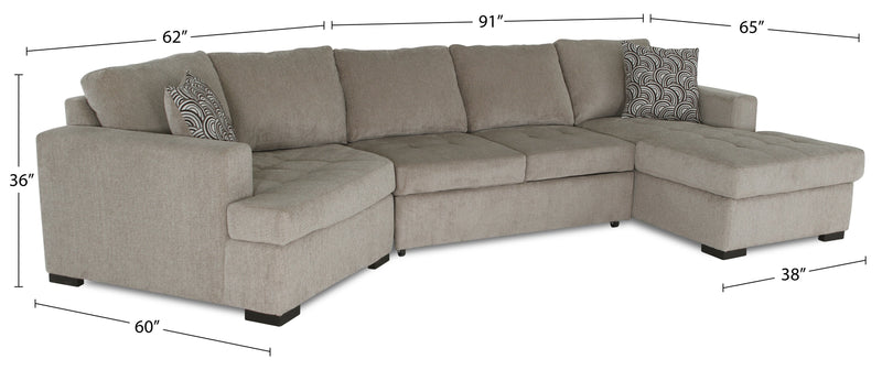 Sofa-lit sectionnel enveloppant de gauche Legend 3 pièces fabriqué au Canada en tissu de chenille avec fauteuil long - beige platine