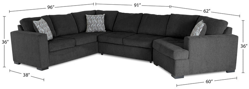 Sofa-lit sectionnel de droite Legend 3 pièces fabriqué au Canada en tissu de chenille avec fauteuil enveloppant - gris poivre