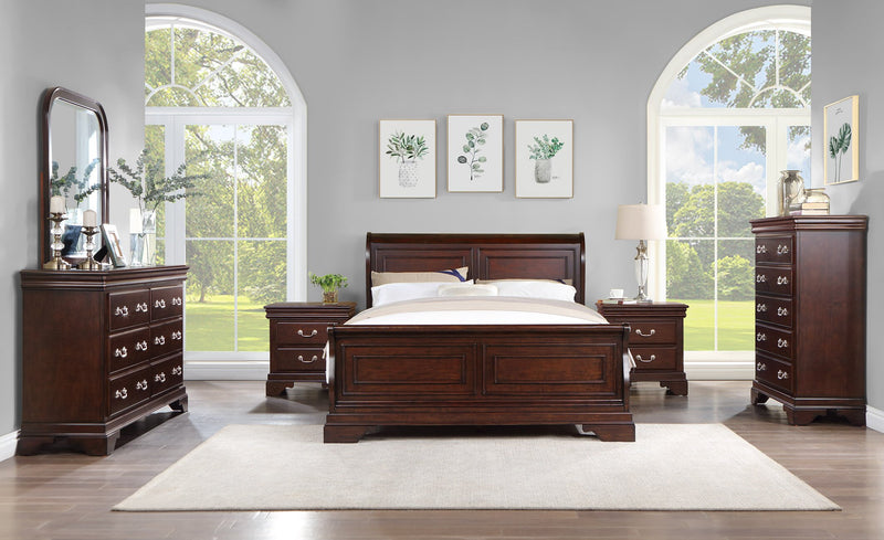 Ensemble de chambre à coucher Marco 5 pièces avec lit, commode et miroir, brun cerisier - format grand lit