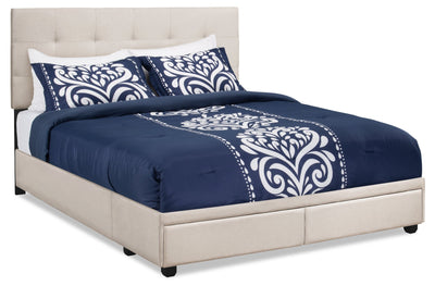 Minka Upholstered Storage Platform Bed in Beige Fabric, Tufted - Queen Size | Lit plateforme rembourré Minka en tissu beige capitonné avec rangement - format grand lit