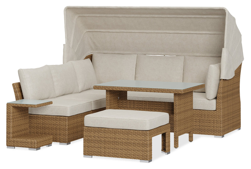 Ensemble de conversation à toit Montego 6 pièces pour la terrasse à l’extérieur avec sofa muni d’un toit, 2 fauteuils sans accoudoirs, pouf et table à café et table de bout avec dessus en verre - osier en résine tressé à la main, résistant aux rayons UV et aux intempéries - naturel et beige