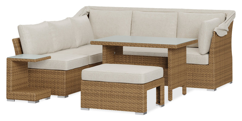 Ensemble de conversation à toit Montego 6 pièces pour la terrasse à l’extérieur avec sofa muni d’un toit, 2 fauteuils sans accoudoirs, pouf et table à café et table de bout avec dessus en verre - osier en résine tressé à la main, résistant aux rayons UV et aux intempéries - naturel et beige