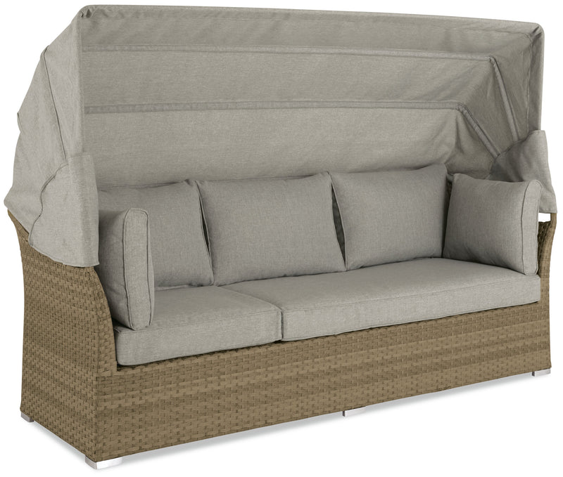 Ensemble de conversation à toit Montego 6 pièces pour la terrasse à l’extérieur avec sofa muni d’un toit, 2 fauteuils sans accoudoirs, pouf et table à café et table de bout avec dessus en verre - osier en résine tressé à la main, résistant aux rayons UV et aux intempéries - naturel et beige