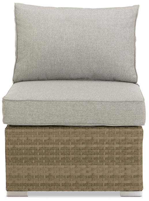 Ensemble de conversation à toit Montego 6 pièces pour la terrasse à l’extérieur avec sofa muni d’un toit, 2 fauteuils sans accoudoirs, pouf et table à café et table de bout avec dessus en verre - osier en résine tressé à la main, résistant aux rayons UV et aux intempéries - naturel et beige