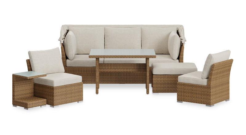 Ensemble de conversation à toit Montego 6 pièces pour la terrasse à l’extérieur avec sofa muni d’un toit, 2 fauteuils sans accoudoirs, pouf et table à café et table de bout avec dessus en verre - osier en résine tressé à la main, résistant aux rayons UV et aux intempéries - naturel et beige