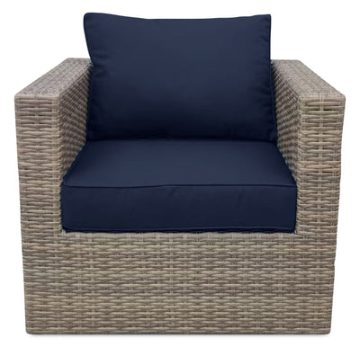 Naples Outdoor Patio Chair - Hand-Woven Resin Wicker, UV & Weather Resistant - Natural/Blue | Fauteuil Naples pour la terrasse à l’extérieur - osier en résine tressé à la main, résistant aux rayons UV et aux intempéries - naturel et bleu