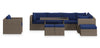 Ensemble Naples 10 pièces pour la terrasse à l’extérieur avec 3 fauteuils en coin, 2 fauteuils sans accoudoirs, fauteuil, grand pouf, 2 petits poufs et table de hauteur standard - osier en résine tressé à la main, résistant aux rayons UV et aux intempéries - naturel et bleu