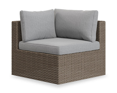Naples Corner Outdoor Patio Chair - Hand-Woven Resin Wicker, UV & Weather Resistant - Natural/Grey | Fauteuil en coin Naples pour la terrasse à l’extérieur - osier en résine tressé à la main, résistant aux rayons UV et aux intempéries - naturel et gris
