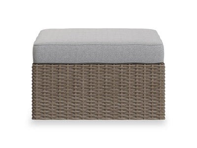 Naples Large Outdoor Patio Ottoman - Hand-Woven Resin Wicker, UV & Weather Resistant - Natural/Grey | Grand pouf Naples pour la terrasse à l’extérieur - osier en résine tressé à la main, résistant aux rayons UV et aux intempéries - naturel et gris