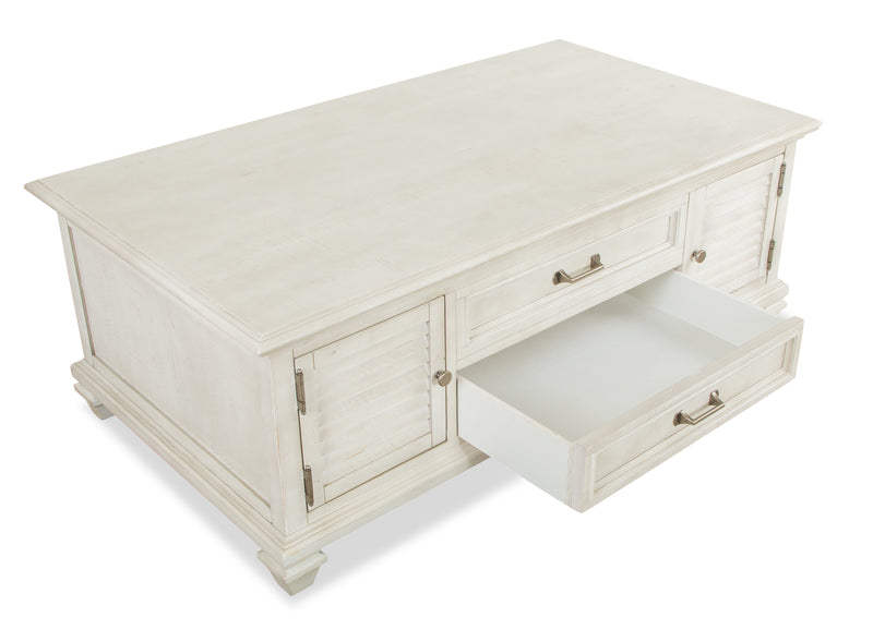 Table à café traditionnelle Newman de 50 po avec dessus relevable, rangement et roulettes - pin blanc albâtre