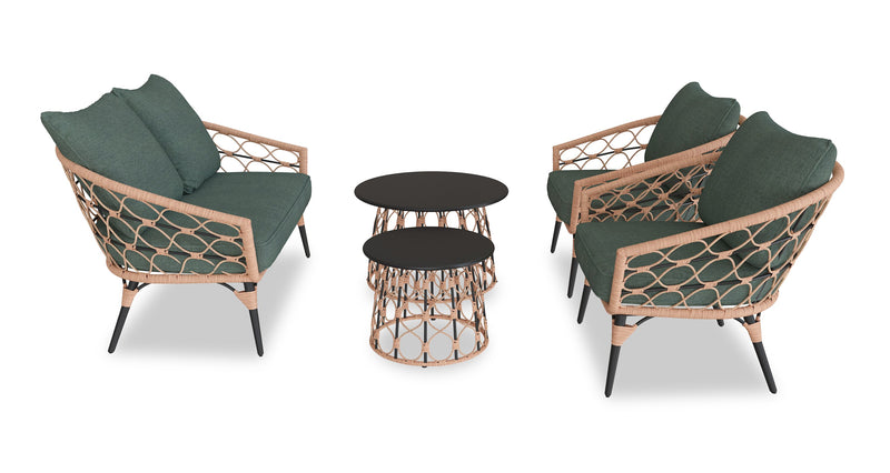 Kort & Co. Ensemble Panama 5 pièces pour la terrasse à l’extérieur avec causeuse, 2 fauteuils et grande et petite tables - osier en résine tressé à la main, résistant aux rayons UV et aux intempéries - naturel et vert