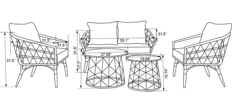 Kort & Co. Ensemble Panama 5 pièces pour la terrasse à l’extérieur avec causeuse, 2 fauteuils et grande et petite tables - osier en résine tressé à la main, résistant aux rayons UV et aux intempéries - naturel et vert