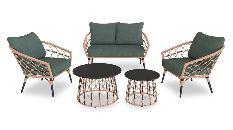 Kort & Co. Ensemble Panama 5 pièces pour la terrasse à l’extérieur avec causeuse, 2 fauteuils et grande et petite tables - osier en résine tressé à la main, résistant aux rayons UV et aux intempéries - naturel et vert