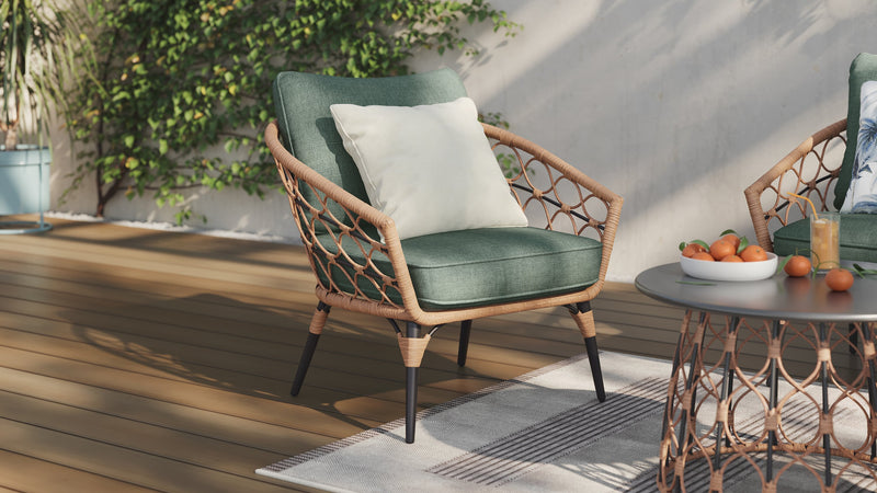 Kort & Co. Ensemble Panama 5 pièces pour la terrasse à l’extérieur avec causeuse, 2 fauteuils et grande et petite tables - osier en résine tressé à la main, résistant aux rayons UV et aux intempéries - naturel et vert