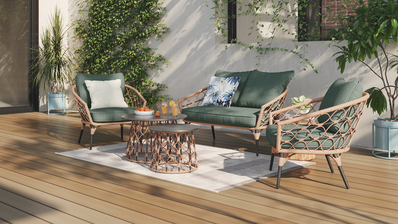 Kort & Co. Ensemble Panama 5 pièces pour la terrasse à l’extérieur avec causeuse, 2 fauteuils et grande et petite tables - osier en résine tressé à la main, résistant aux rayons UV et aux intempéries - naturel et vert