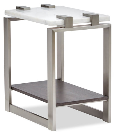 Paradox 16" Modern Chairside Table with Shelf - White Marble Top with Brushed Platinum Frame|Table de fauteuil moderne Paradox de 16 po avec tablette - dessus en marbre blanc avec armature platine brossé