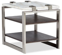 Table de bout moderne Paradox de 22 po avec tablette - dessus en marbre blanc avec armature platine brossé