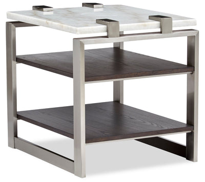 Paradox 22" Modern End Table with Shelf - White Marble Top with Brushed Platinum Frame|Table de bout moderne Paradox de 22 po avec tablette - dessus en marbre blanc avec armature platine brossé